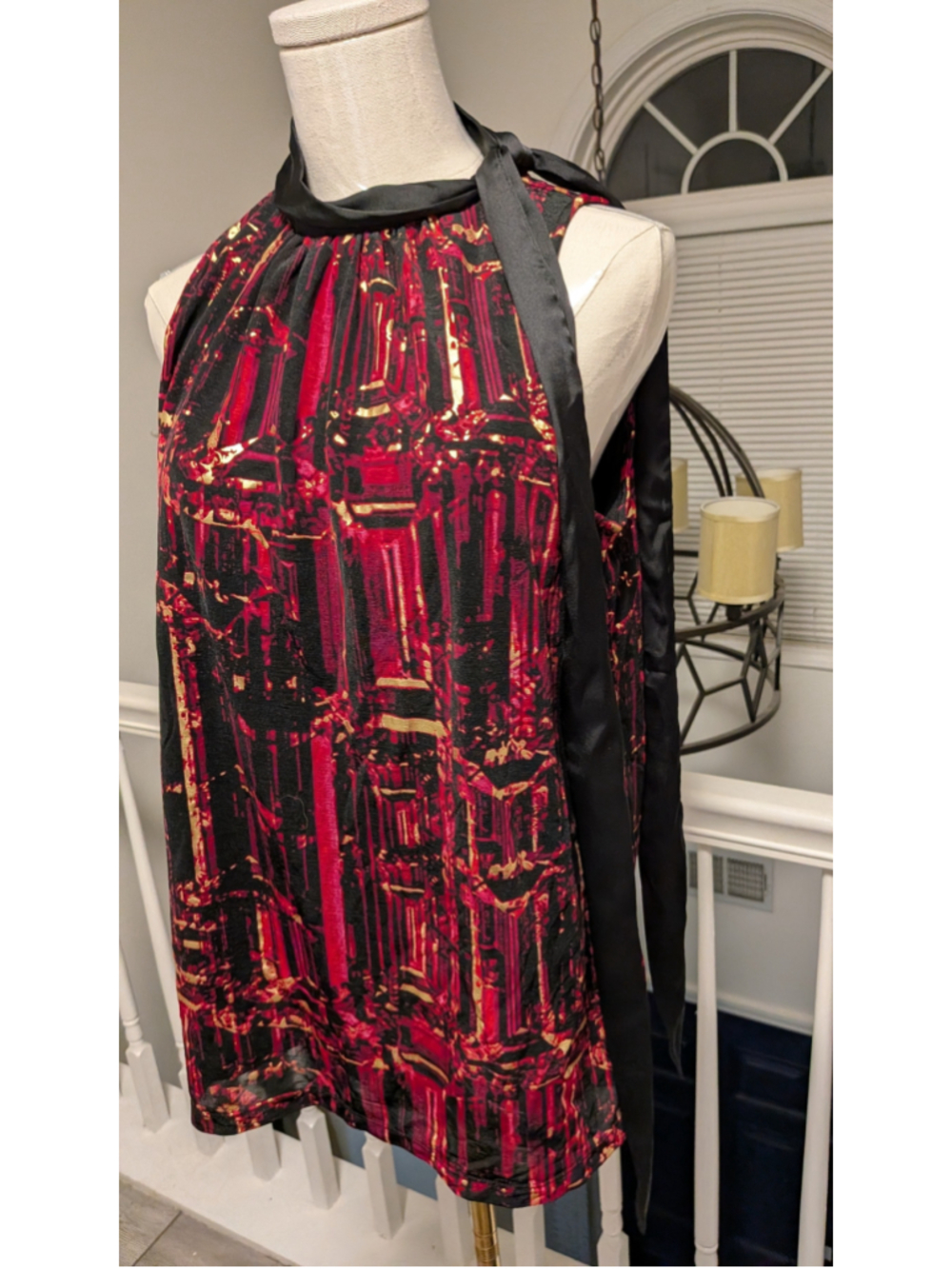 Worthington Women’s Sleeveless Halter Tie Neck Blouse Red Black Gold Print L